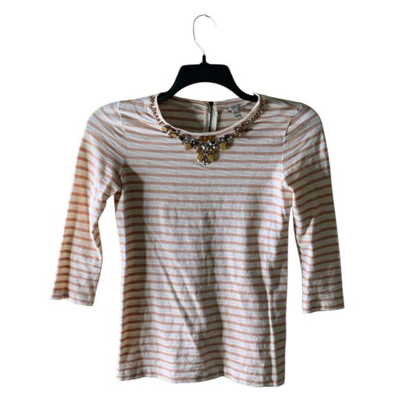 J Crew Striped Top Womens XXS 3/4 Sleeve Crewneck Rhinestone Back Zip Pullover - Picture 1 of 7